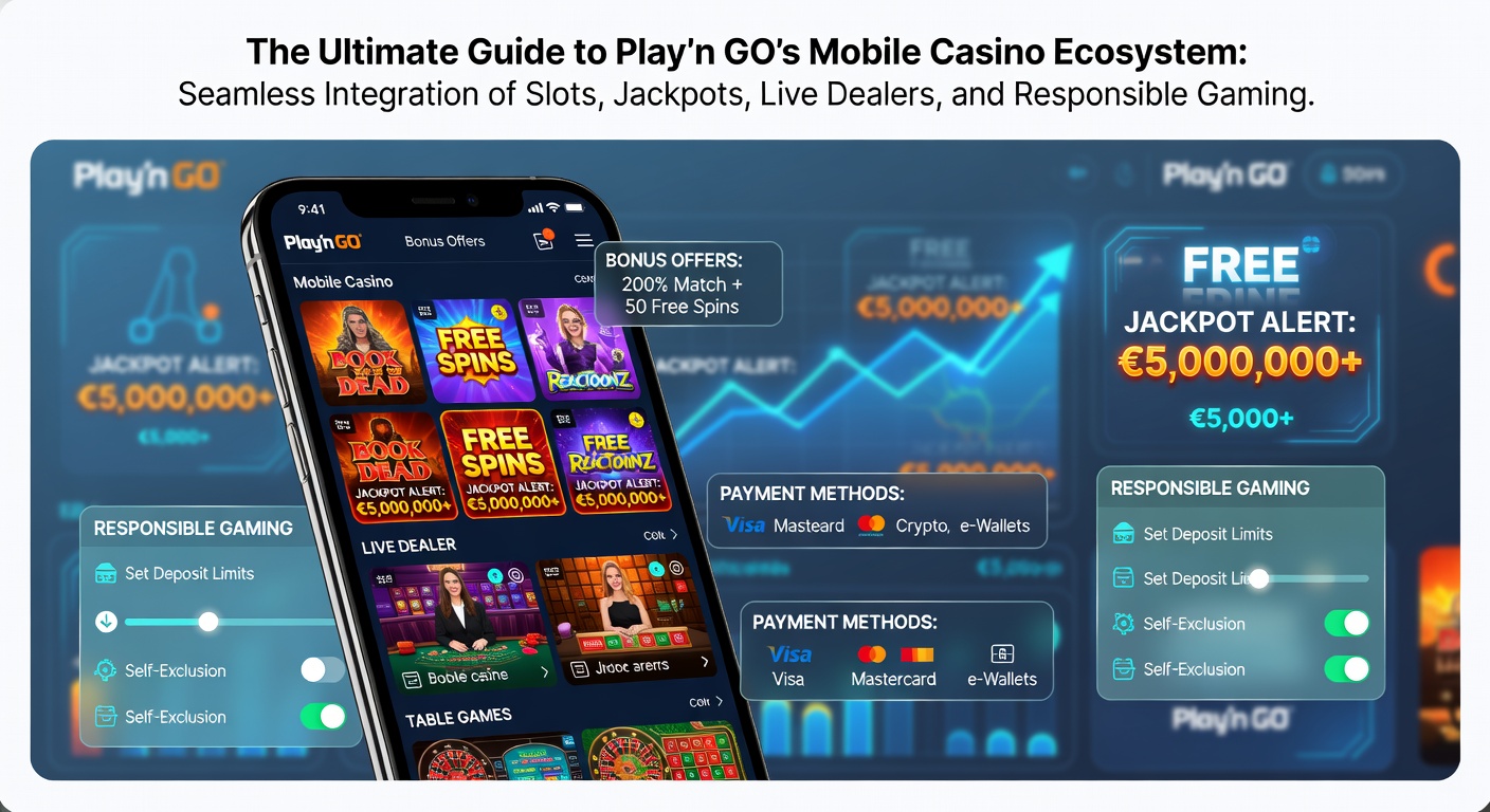 Vibrant Play'n GO slot reels spinning with jackpot symbols, live dealer tables, and mobile screens in the background, capturing the integrated casino experience