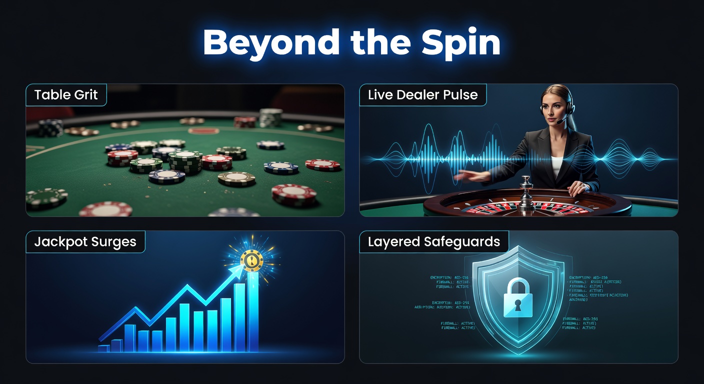 Dynamic online casino scene featuring table games, live dealers interacting via video stream, surging jackpot counters, and security icons layered in the background