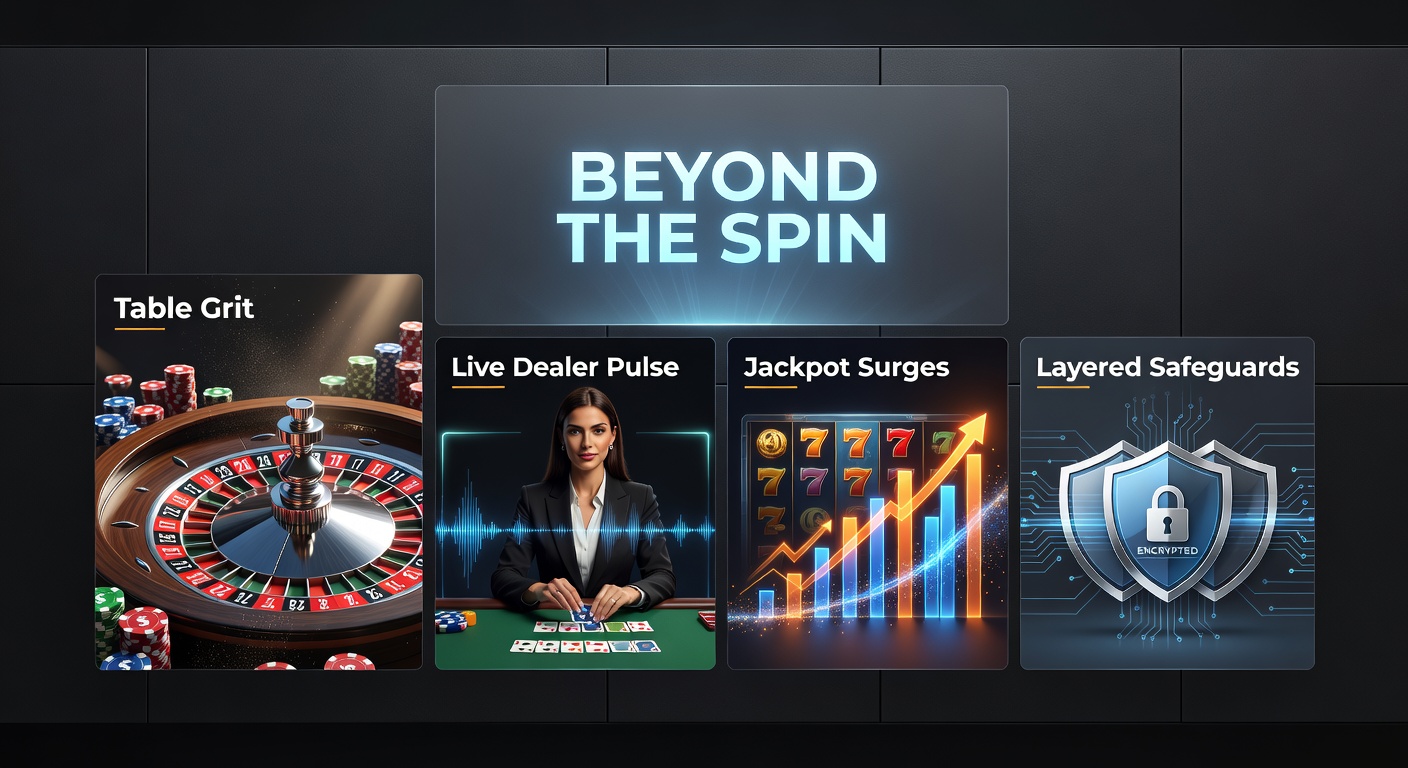 Close-up of a jackpot meter climbing rapidly amid colorful slot reels, live dealer table in split-screen, and overlaid safeguard symbols like locks and shields