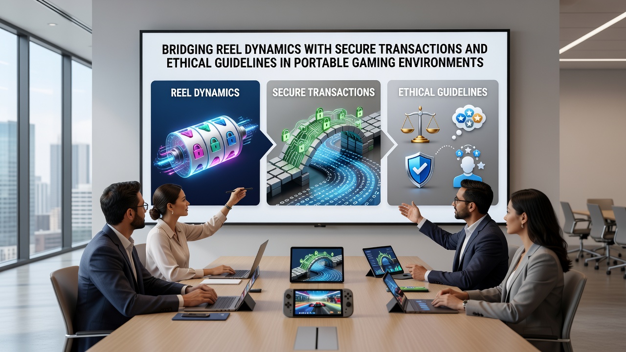 Illustration of ethical gaming guidelines with transaction security icons overlaid on a portable device display