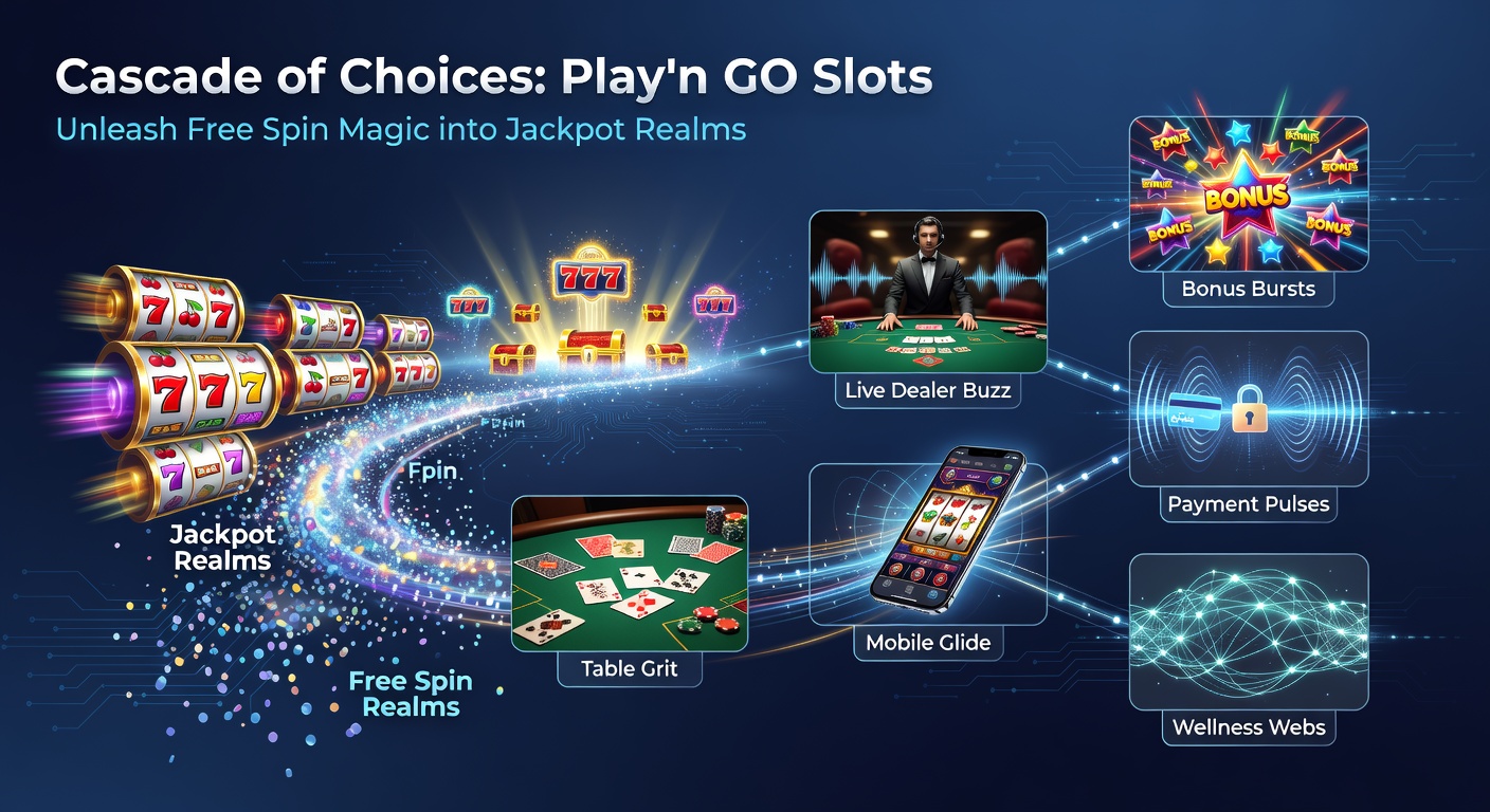 Vibrant Play'n GO slot reels cascading with free spin symbols leading into jackpot features amid live dealer tables and mobile interfaces