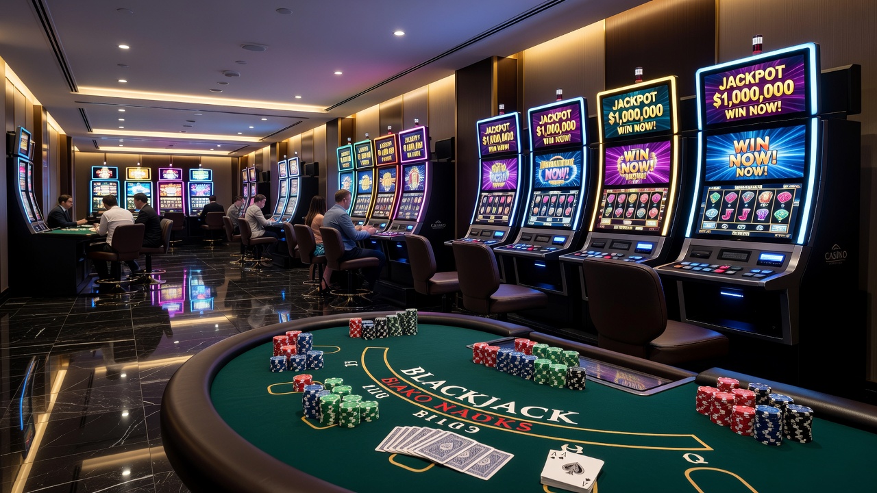 Live dealer casino setup with multiple gaming tables and digital overlays