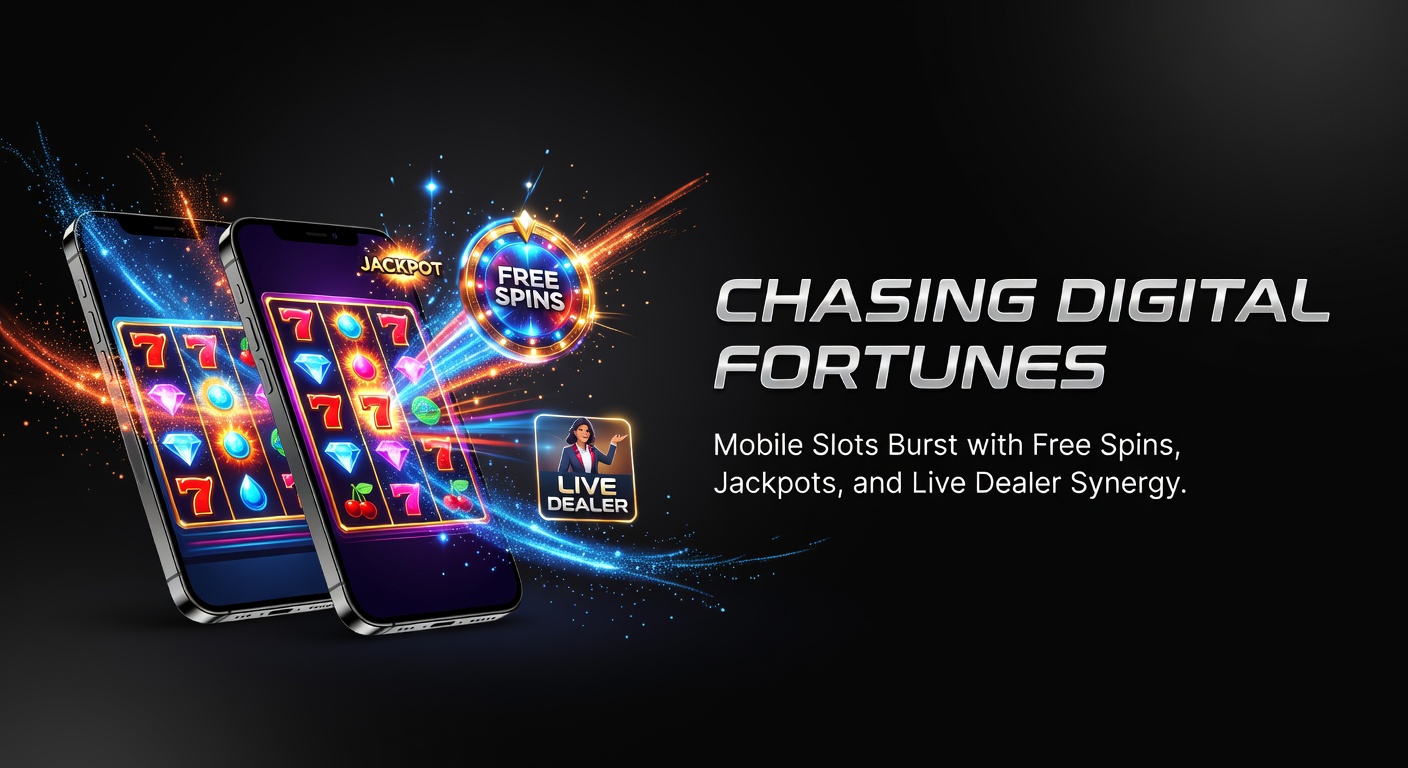 Vibrant mobile slot screen showing cascading reels, free spin triggers, and jackpot meters climbing amid live dealer table previews