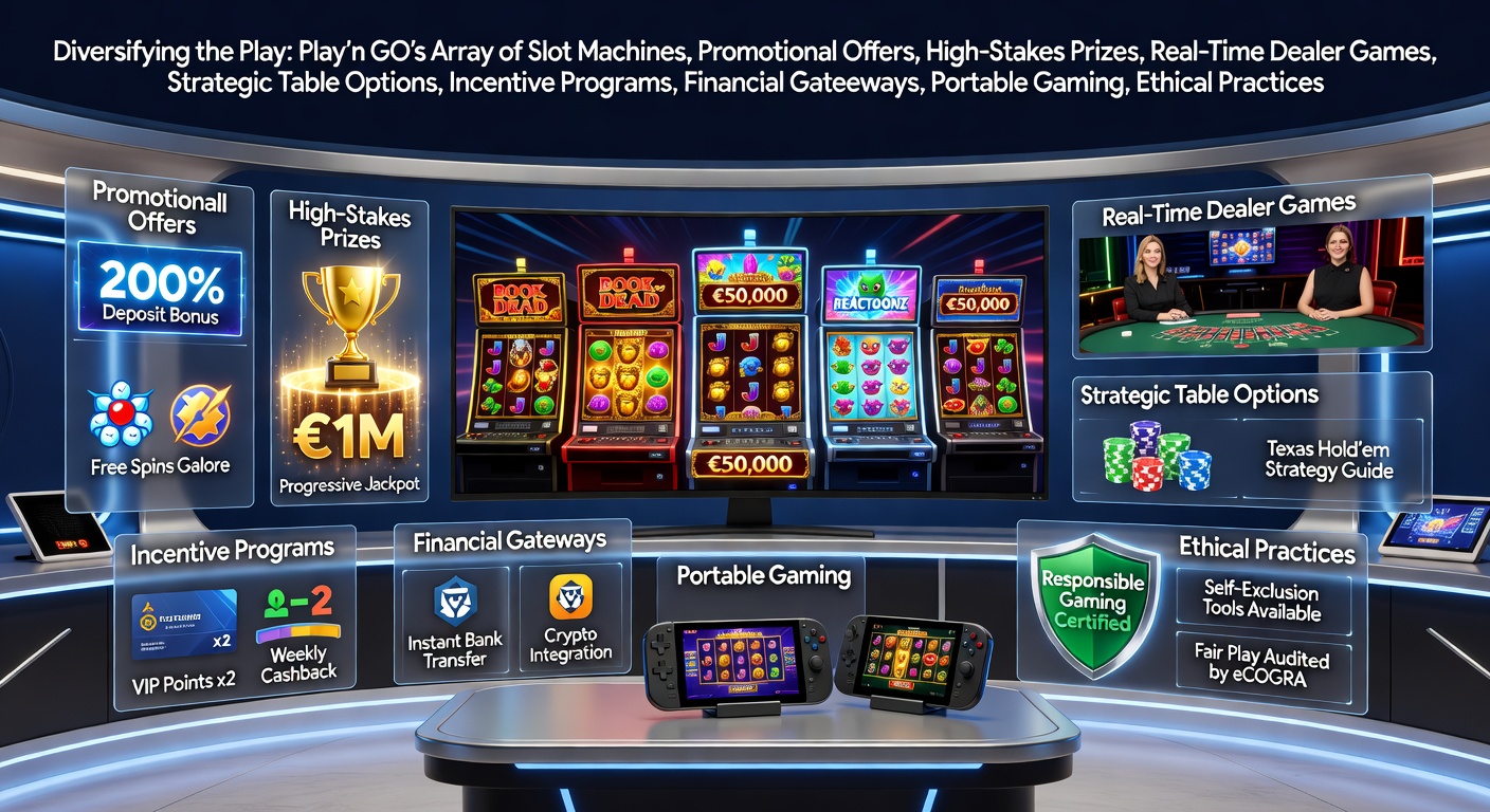 Vibrant display of Play'n GO slot reels spinning alongside live dealer tables and mobile interfaces, showcasing diverse gaming options