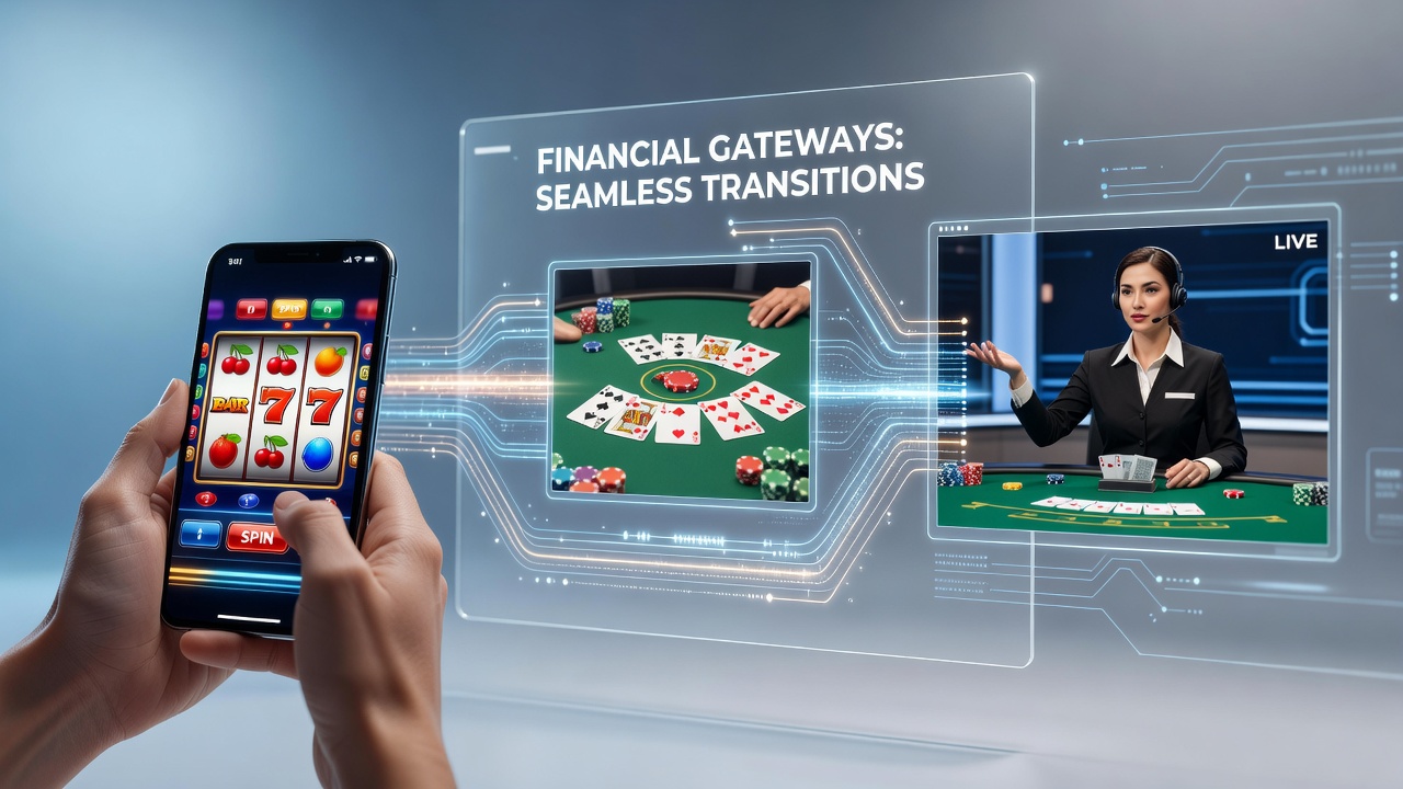 Mobile device displaying integrated casino payment interface connecting slots, tables, and live dealer options