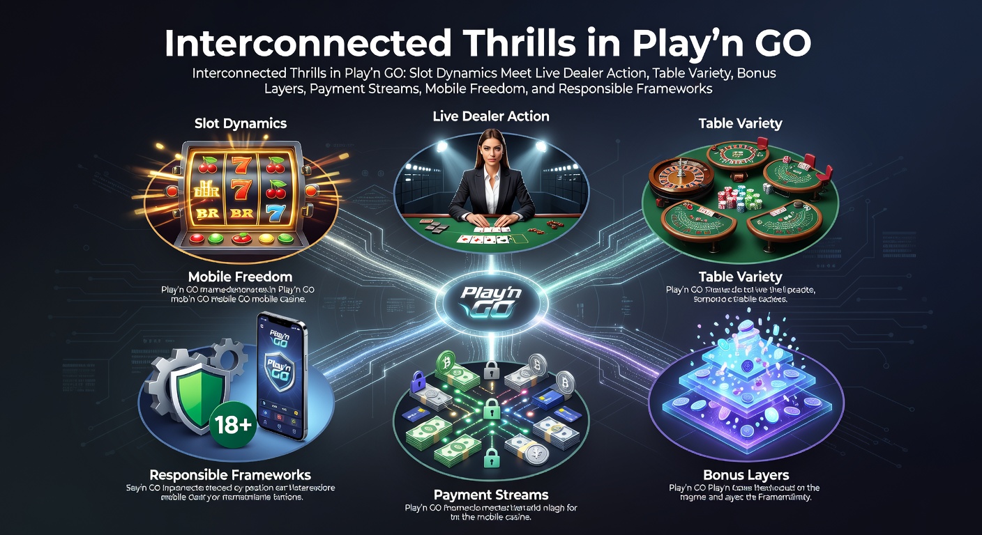 Vibrant Play'n GO slot reels blending with live dealer tables and mobile interfaces showcasing interconnected gaming elements