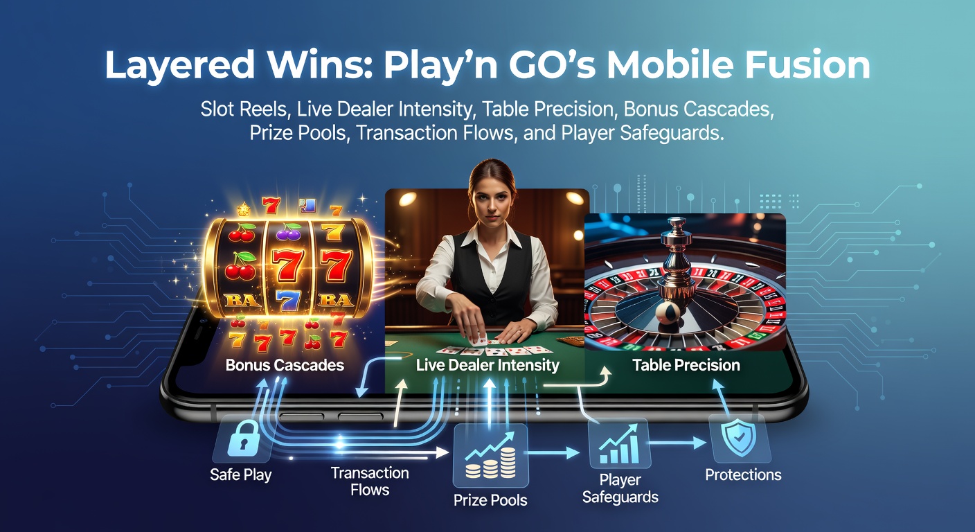 Play'n GO mobile interface showing layered slot reels merging with live dealer elements and cascading bonuses