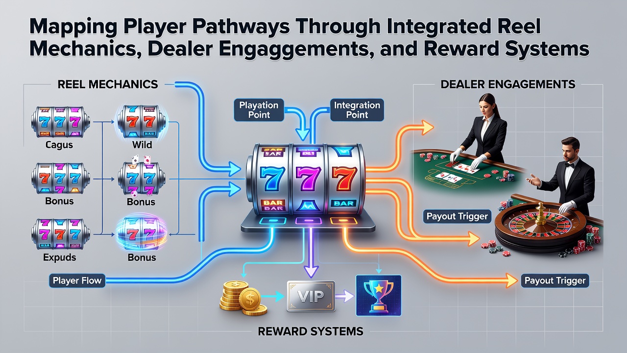 Player pathway diagram showing reel spins flowing into live dealer tables and accumulating reward tiers on a tablet screen
