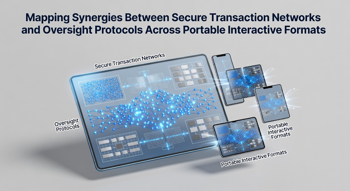 Diagram showing secure transaction networks connected to oversight protocols in mobile formats