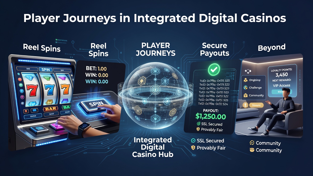 Player navigating an integrated digital casino interface from slots to payments