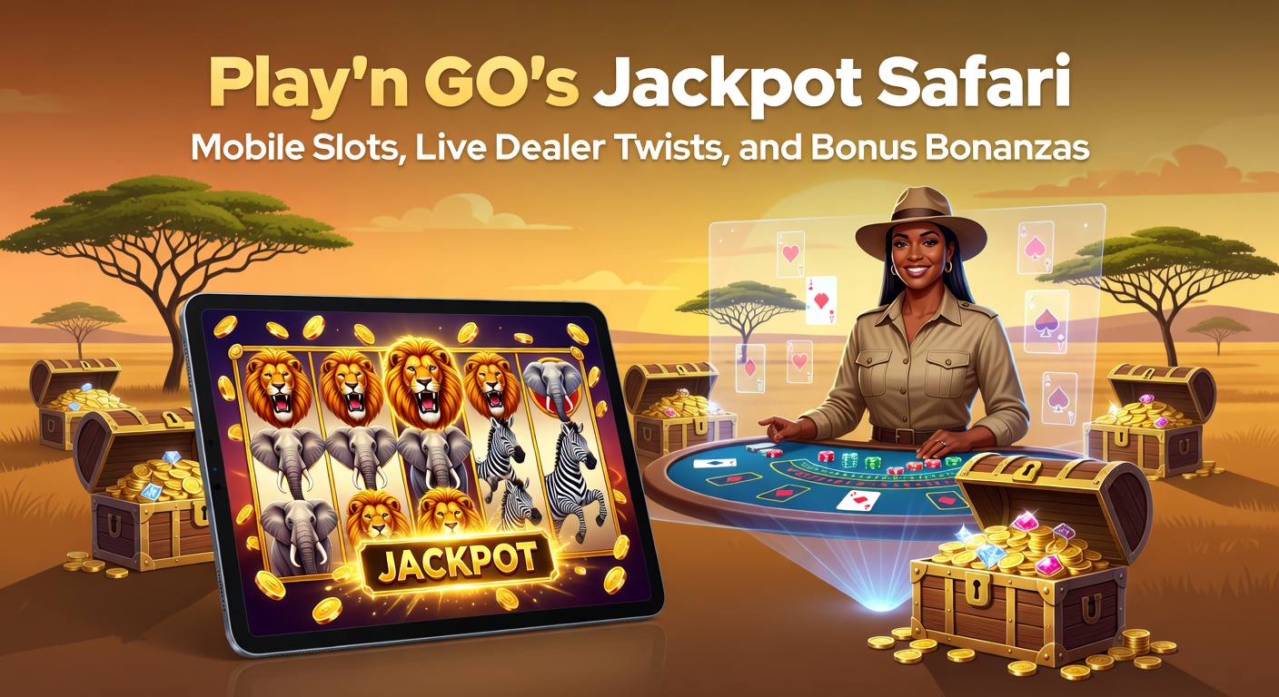 Vibrant screenshot of Play'n GO's Jackpot Safari slot game featuring safari animals, spinning reels, and glowing jackpot meters on a mobile screen