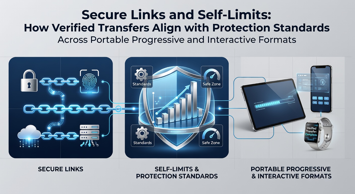 Illustration of secure data links connecting mobile devices with verified transfer icons and protection shields