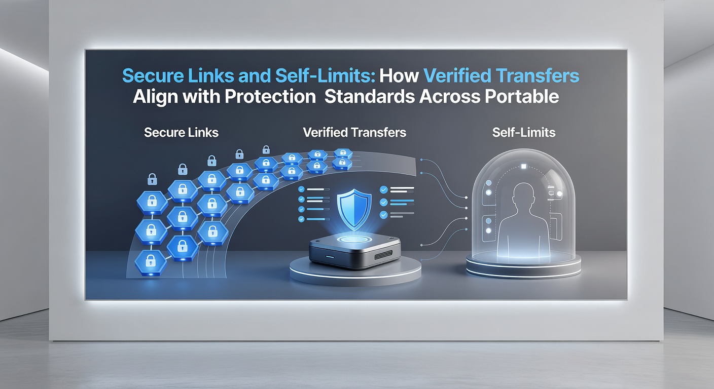 Diagram showing self-limit settings on a tablet interface alongside verified transfer flow and regulatory compliance badges