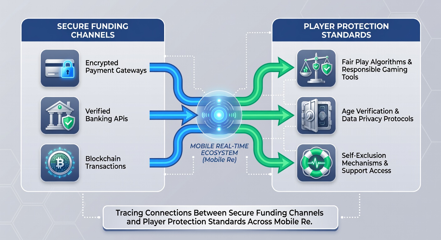 Data flow diagram showing secure funding channels linking to player protection dashboards in mobile gaming environments
