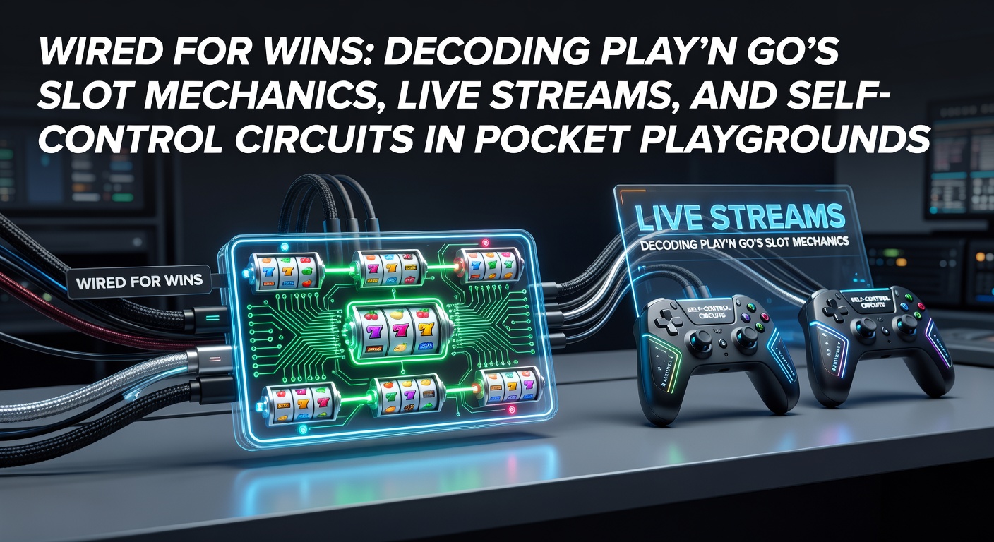 Vibrant illustration of Play'n GO slot reels wired with circuits, symbols cascading in a mobile interface amid live stream overlays and control toggles